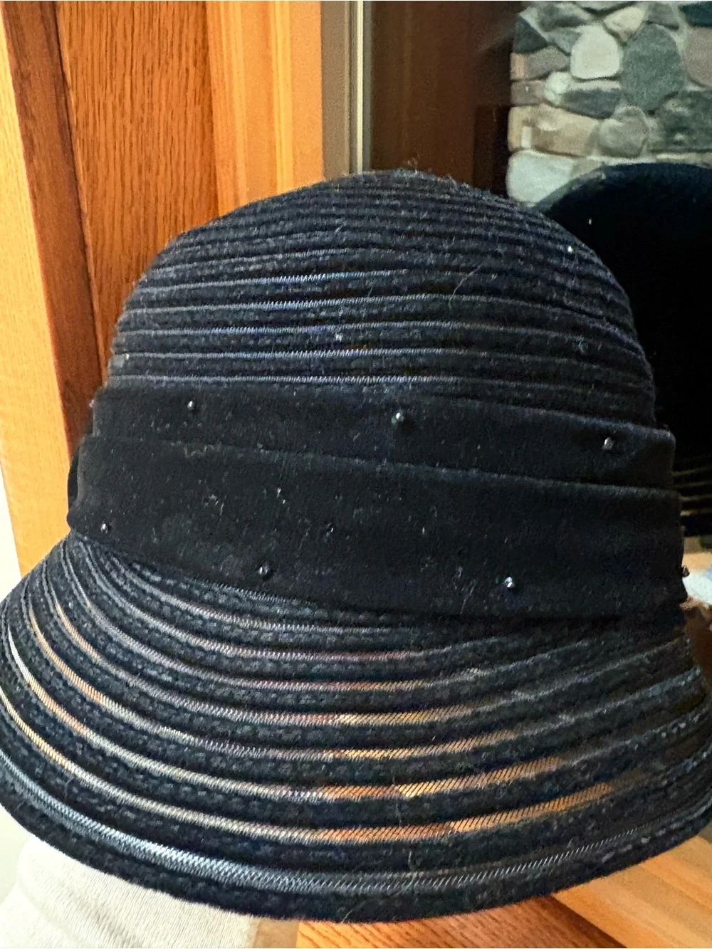 Vintage Swan Hat Black Cloche Mesh Velvet Bows Knots Black Beaded Adjustable